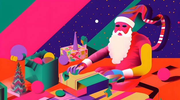 A colorful illustration of santa claus with a gift box.