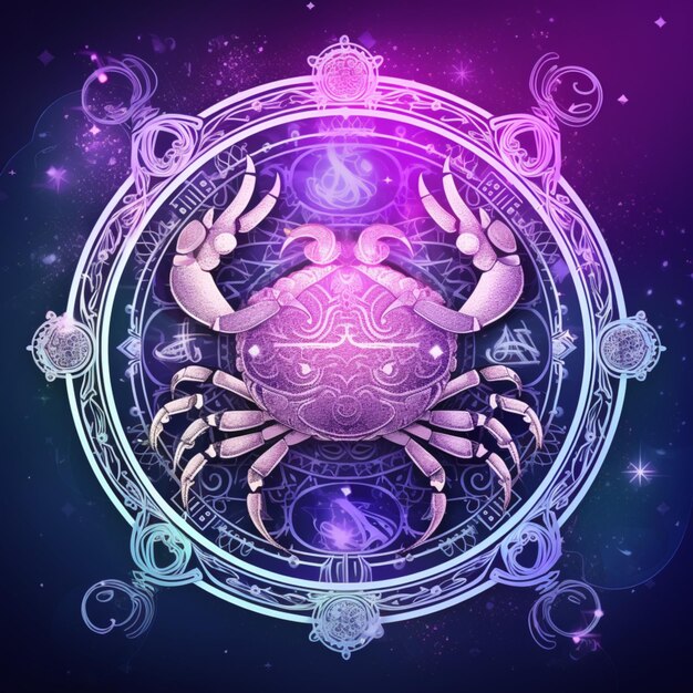 A colorful illustration of a scorpion with a purple background with a star design