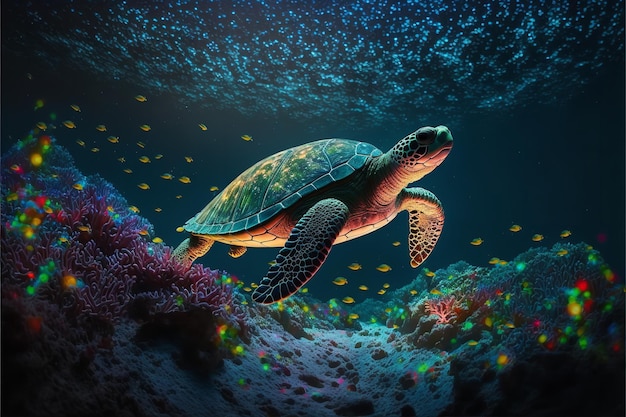 Colorful illustration of a sea turtle swimming over coral reefs Generative AI