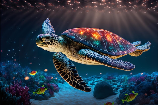 Colorful illustration of a sea turtle swimming over coral reefs Generative AI