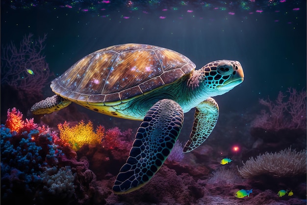 Colorful illustration of a sea turtle swimming over coral reefs Generative AI