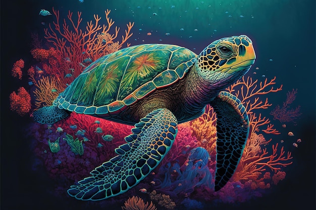 Colorful illustration of a sea turtle swimming over coral reefs