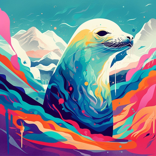 A colorful illustration of a seal with the words sea lion on it