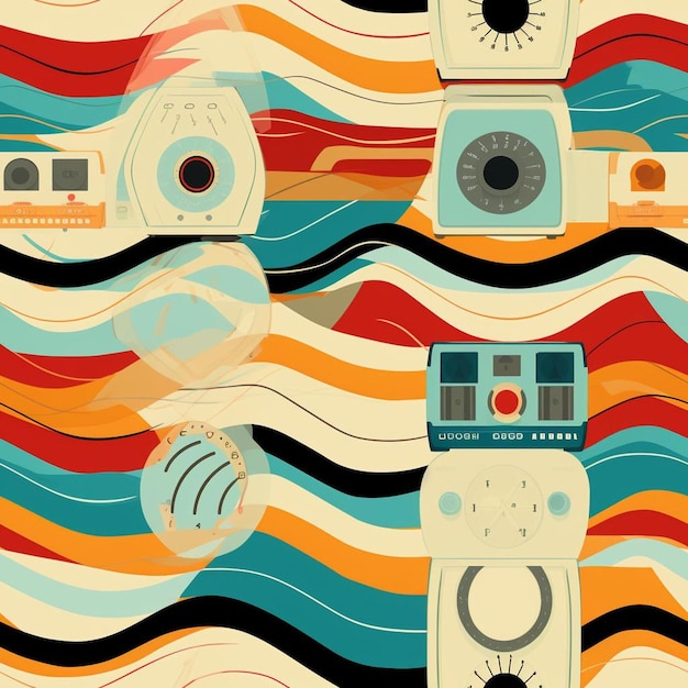 A colorful illustration of a series of cameras and a colorful background.