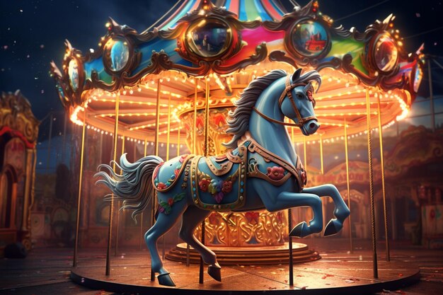 Photo a colorful illustration showcasing a carousel with a horse depicted on it