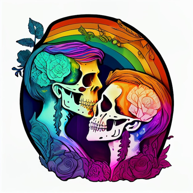 A colorful illustration skull of a couple kissing