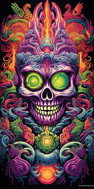 a colorful illustration of a skull with a colorful background