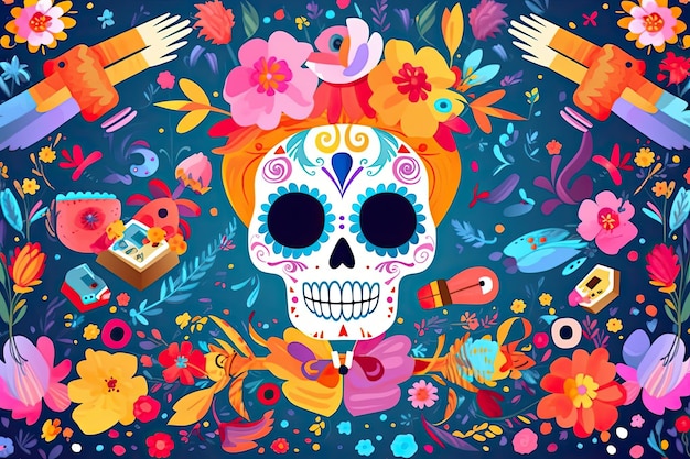 A colorful illustration of a skull with flowers and a bow