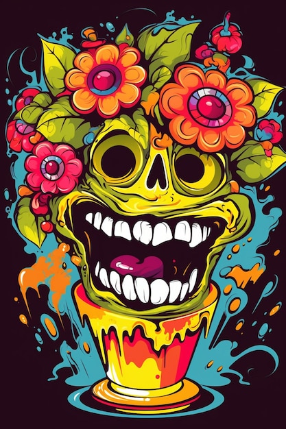 A colorful illustration of a skull with flowers on it.