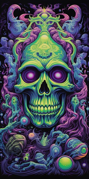 Photo a colorful illustration of a skull with a purple eye and purple eyes