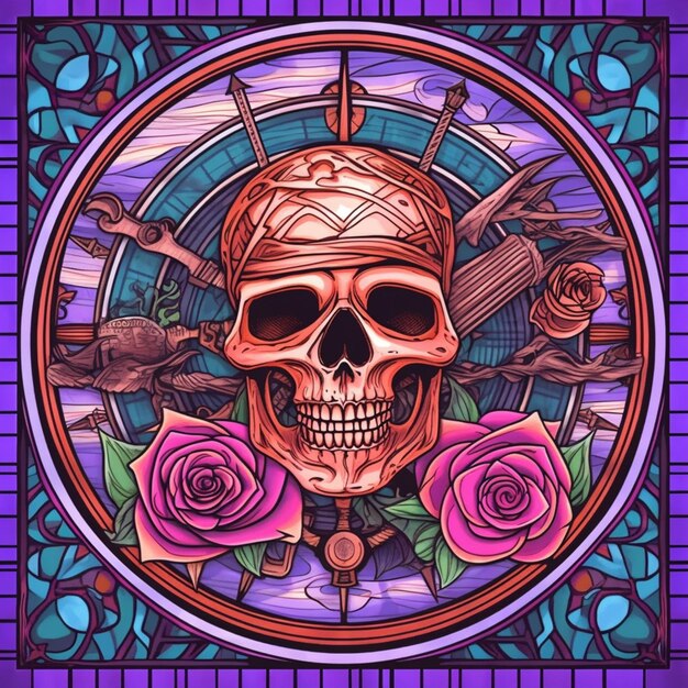 A colorful illustration of a skull with roses and roses