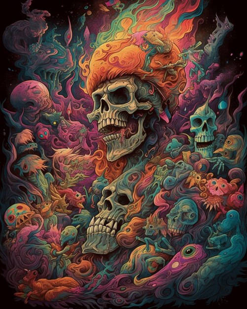 A colorful illustration of skulls and firework.