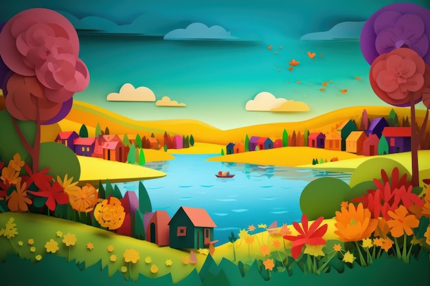 A colorful illustration of a small town on a lake.