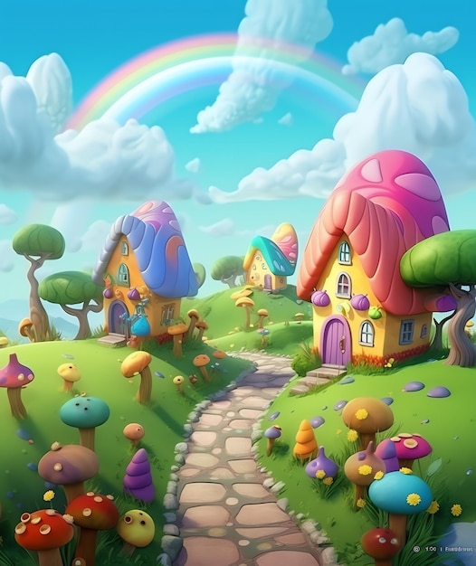 A colorful illustration of a small village with a rainbow in the background