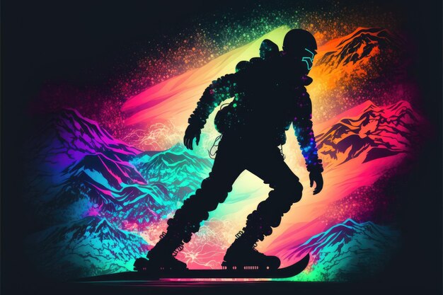 A colorful illustration of a snowboarder on a colorful background.