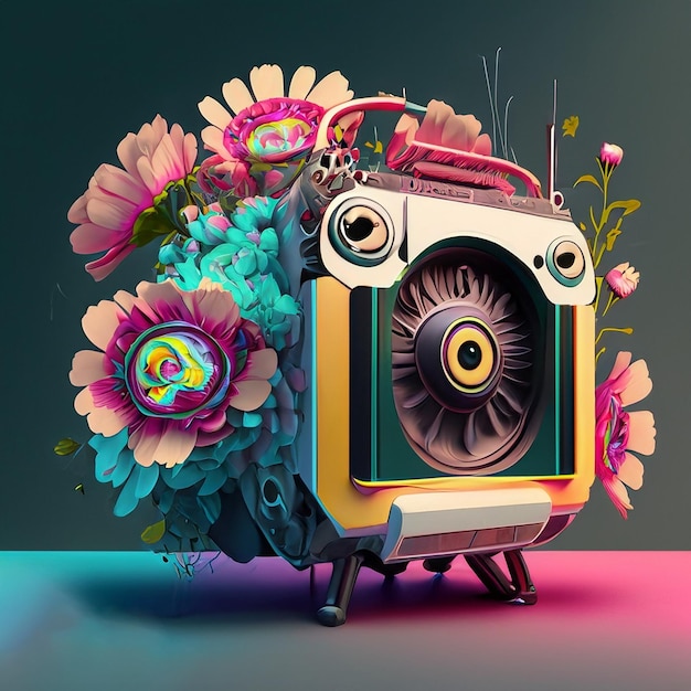 A colorful illustration of a speaker with flowers on it.