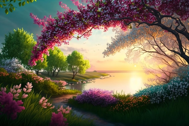 Colorful illustration of spring landscape with blooming flowers and sunrise