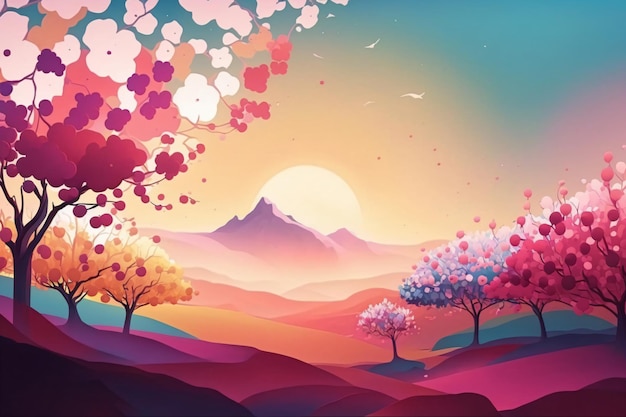 Colorful illustration of spring landscape with blooming flowers and sunrise
