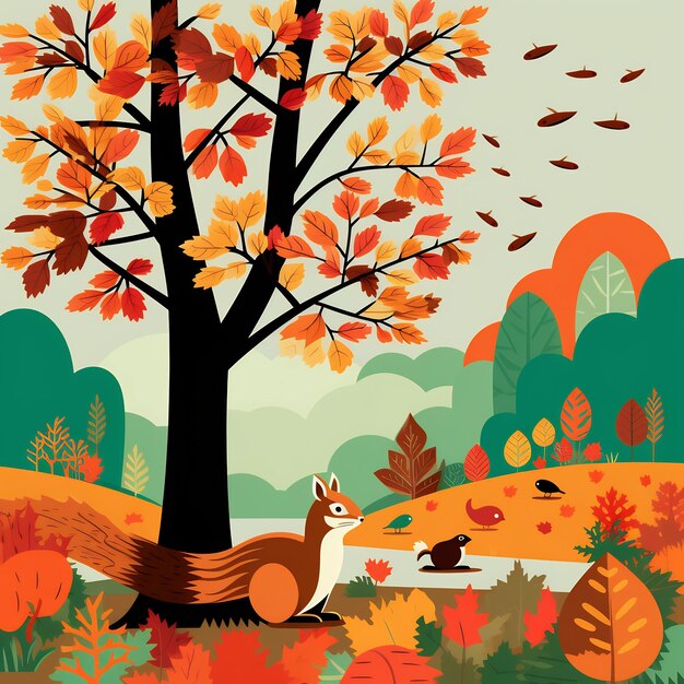 a colorful illustration of a squirrel and a tree with a bird in the middle