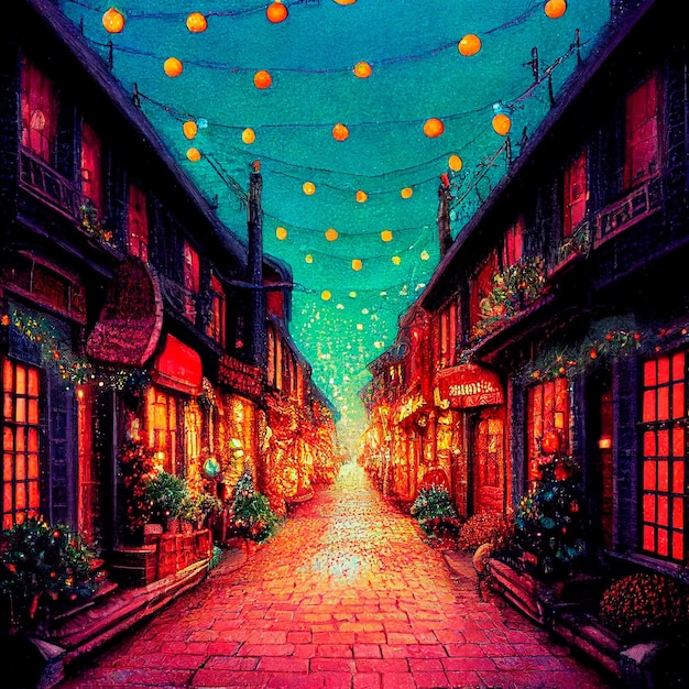 Красочная иллюстрация улицы в рождество