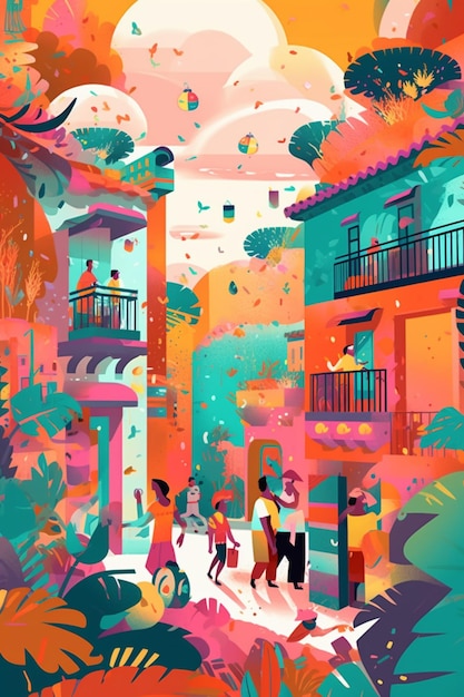 A colorful illustration of a street with people walking and the words " casa de los feliz " on it.