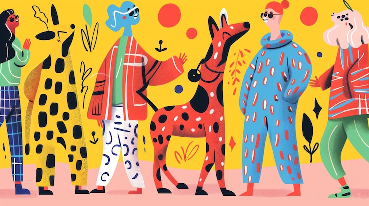 Photo colorful illustration of stylized people with abstract patterns