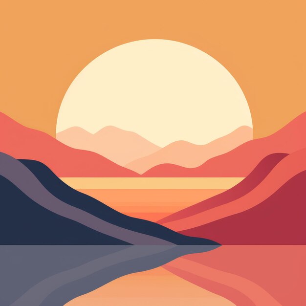 Colorful Illustration Of Sun Setting Between Mountain Ranges By A Lake