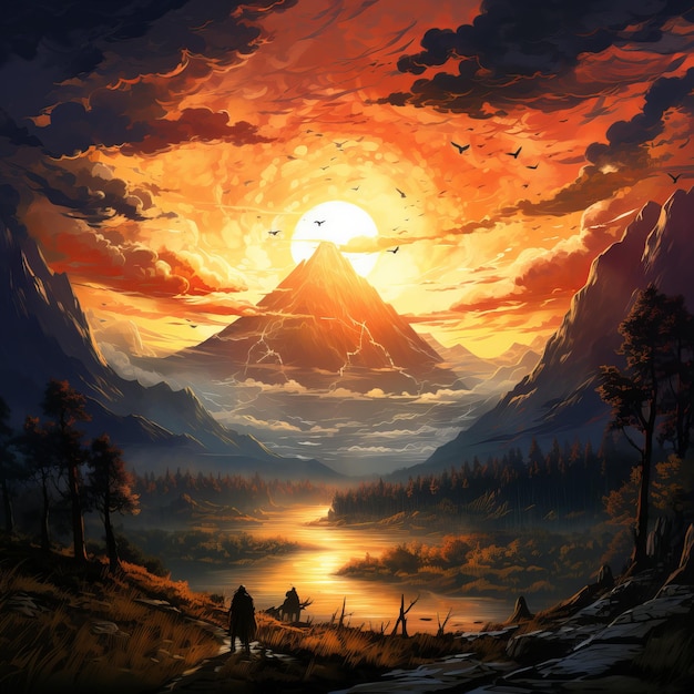 Colorful illustration of the sunset over the mountains