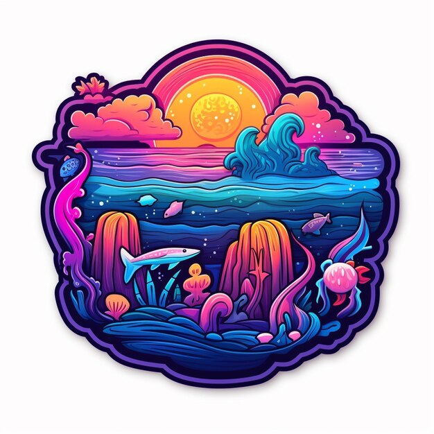 Photo a colorful illustration of a sunset with a wave and sea creatures generative ai