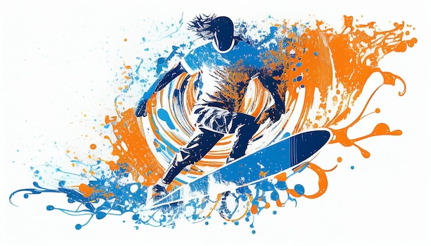 서핑 보드에 서퍼의 다채로운 그림.