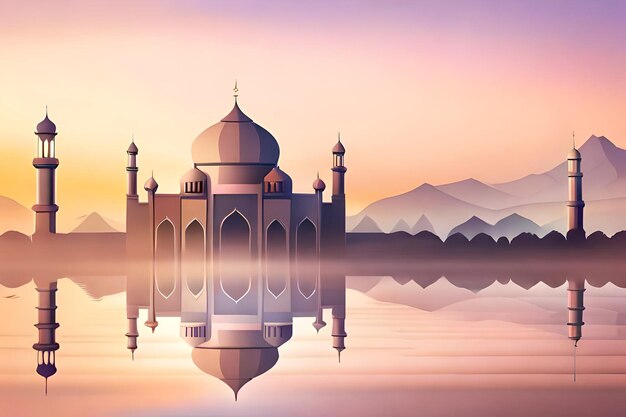 Photo a colorful illustration of a taj mahal with mountains in the background