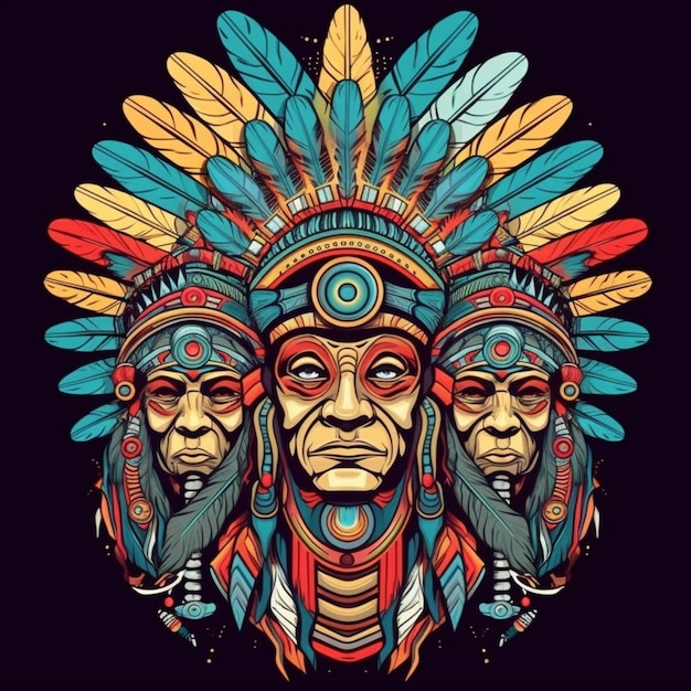 A colorful illustration of three native indian men with feathers generative ai