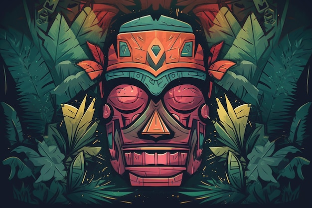 A colorful illustration of a totem with a face and a large eye