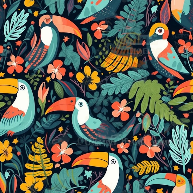 A colorful illustration of toucans and flowers.