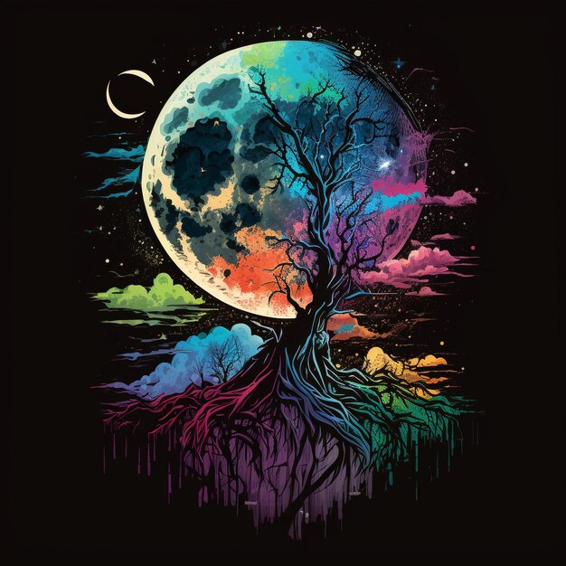 A colorful illustration of a tree with the moon in the background.