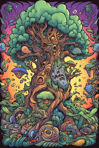 A colorful illustration of a tree with a mushroom house on it.