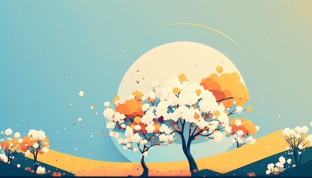 A colorful illustration of trees with the sun behind them