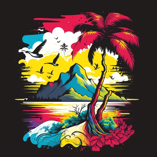 A colorful illustration of a tropical island with mountains and a palm tree on the background.