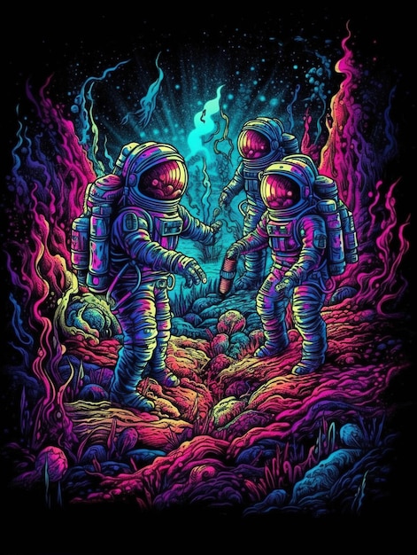A colorful illustration of two astronauts in space