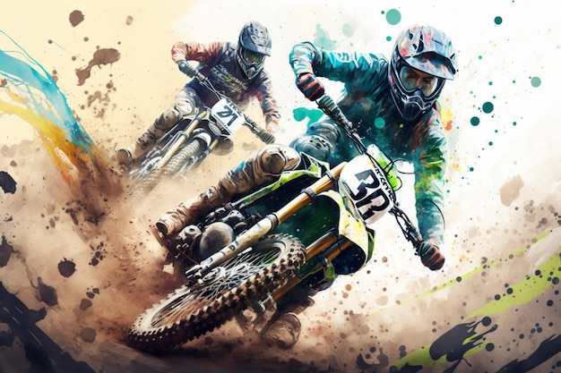 A colorful illustration of two dirt bikes racing in the dirt.