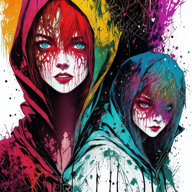 A colorful illustration of two girls with the word