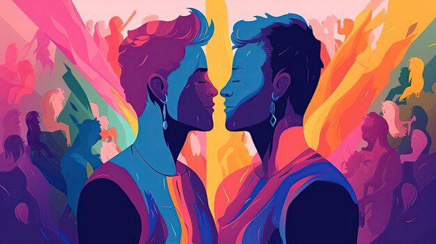 A colorful illustration of two men kissing