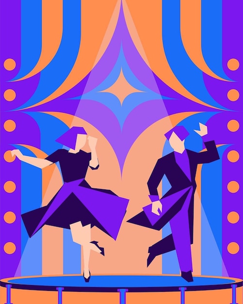 A colorful illustration of two people dancing in a colorful room