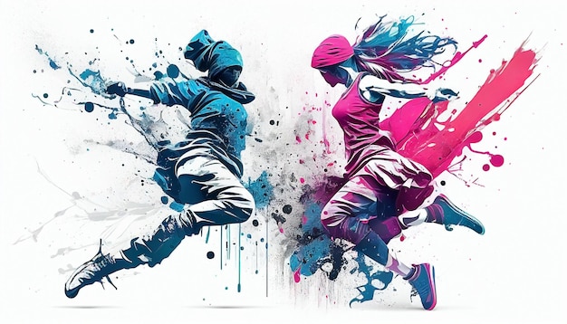 A colorful illustration of two people playing sports.