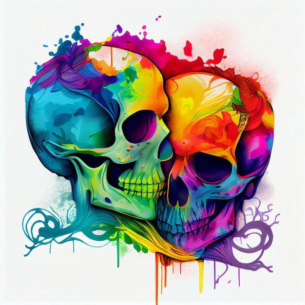 A colorful illustration of two skulls kissing