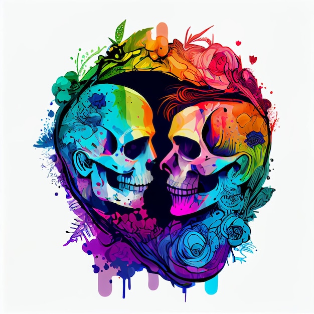 A colorful illustration of two skulls romantic kissing