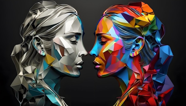 Красочная иллюстрация двух женщин, стоящих лицом друг к другу.