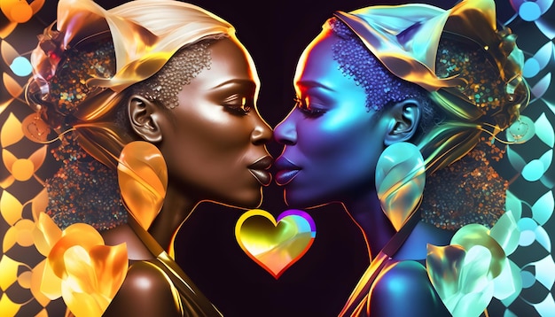 A colorful illustration of two women kissing with a heart in the middle.