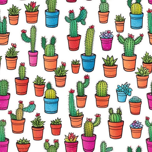 A colorful illustration of a variety of cactuses.