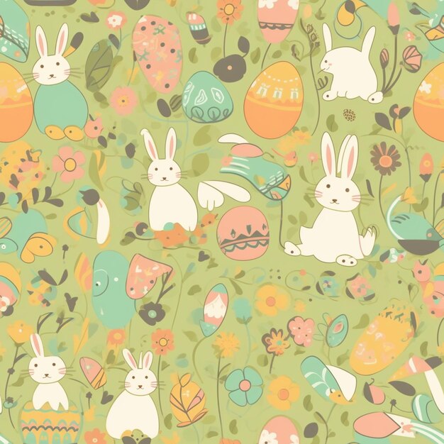 A colorful illustration of a variety of easter eggs and bunnies.